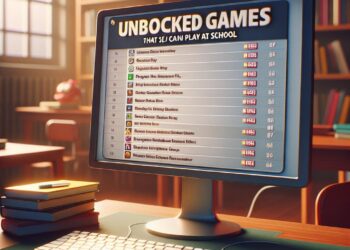 Computer screen in a school setting displaying a list of unblocked games that students can play, with a desk, books, and a keyboard in the foreground.