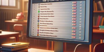 Computer screen in a school setting displaying a list of unblocked games that students can play, with a desk, books, and a keyboard in the foreground.