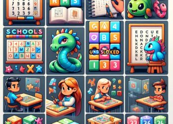 Colorful and engaging school-themed unblocked games, featuring word puzzles, number blocks, cartoon dragons, and students playing educational games in a classroom setting.