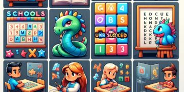 Colorful and engaging school-themed unblocked games, featuring word puzzles, number blocks, cartoon dragons, and students playing educational games in a classroom setting.