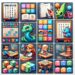Colorful and engaging school-themed unblocked games, featuring word puzzles, number blocks, cartoon dragons, and students playing educational games in a classroom setting.