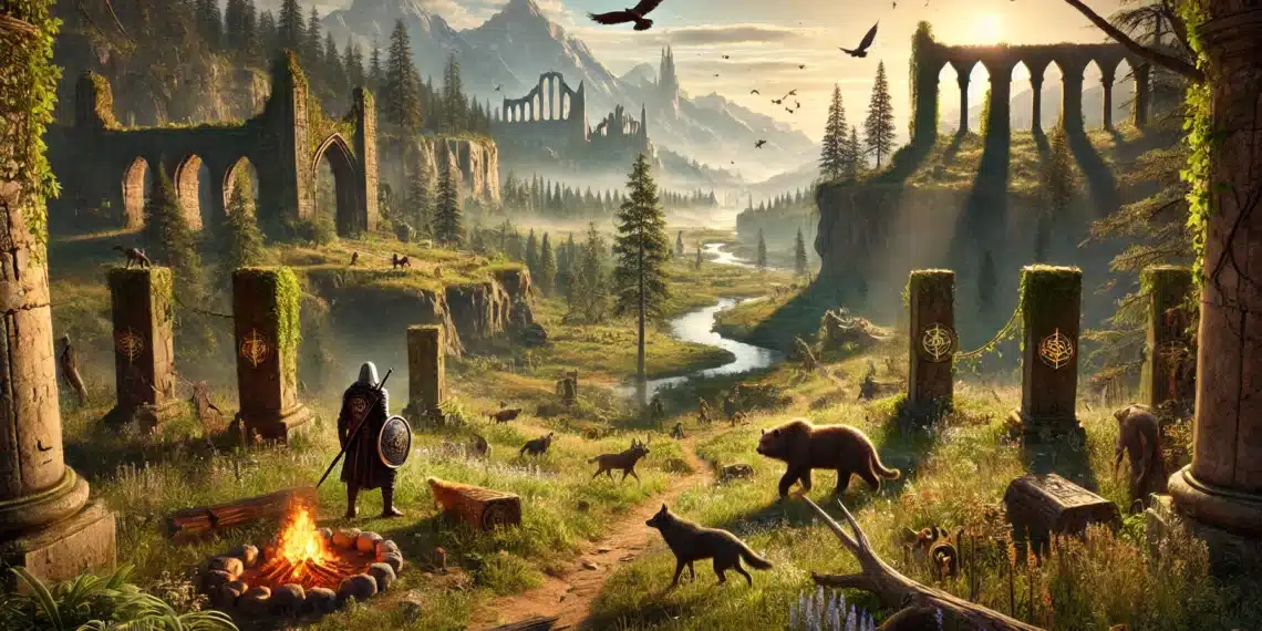 Paisagem cénica de Elden Ring: um guerreiro junto a uma fogueira num vale luxuriante, rodeado de ruínas, animais e montanhas imponentes sob um céu dourado.
