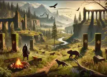 Scenic landscape of Elden Ring: a warrior stands by a campfire in a lush valley, surrounded by ruins, animals, and towering mountains under a golden sky.