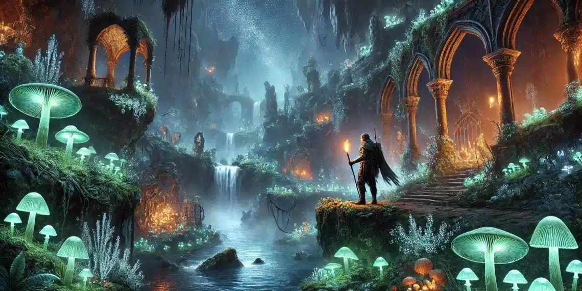 Um aventureiro solitário segurando uma tocha está num ambiente místico e cavernoso do Anel de Elden, cercado por cogumelos brilhantes, cachoeiras, ruínas antigas e luz etérea.