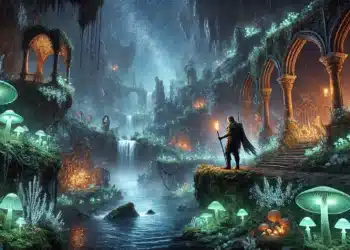 A lone adventurer holding a torch stands in a mystical, cavernous environment from Elden Ring, surrounded by glowing mushrooms, waterfalls, ancient ruins, and ethereal light.