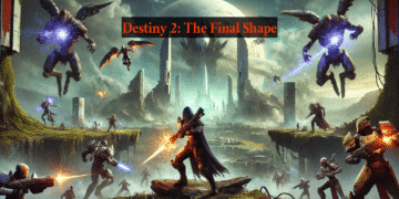 Esta cena mostra Guardiões em combate em uma dramática paisagem alienígena, com o texto solicitado incluído na imagem.