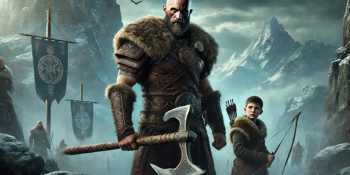 Kratos y Atreus preparados para la batalla en un paisaje nevado y montañoso, empuñando sus armas en "God of War: Ragnarok".