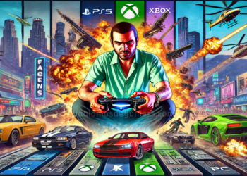 A hyper-realistic image depicting the chaos and excitement of Grand Theft Auto 5. A character in action surrounded by explosions and fast cars in Los Santos, with 'GTA 5' prominently displayed.