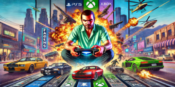 A hyper-realistic image depicting the chaos and excitement of Grand Theft Auto 5. A character in action surrounded by explosions and fast cars in Los Santos, with 'GTA 5' prominently displayed.