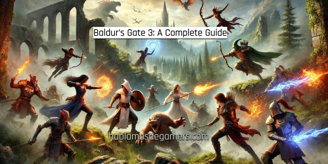 Avatares de diferentes razas y clases enfrascados en una feroz batalla contra monstruos en un vibrante paisaje de fantasía, mostrando el mundo inmersivo de Baldur's Gate 3.