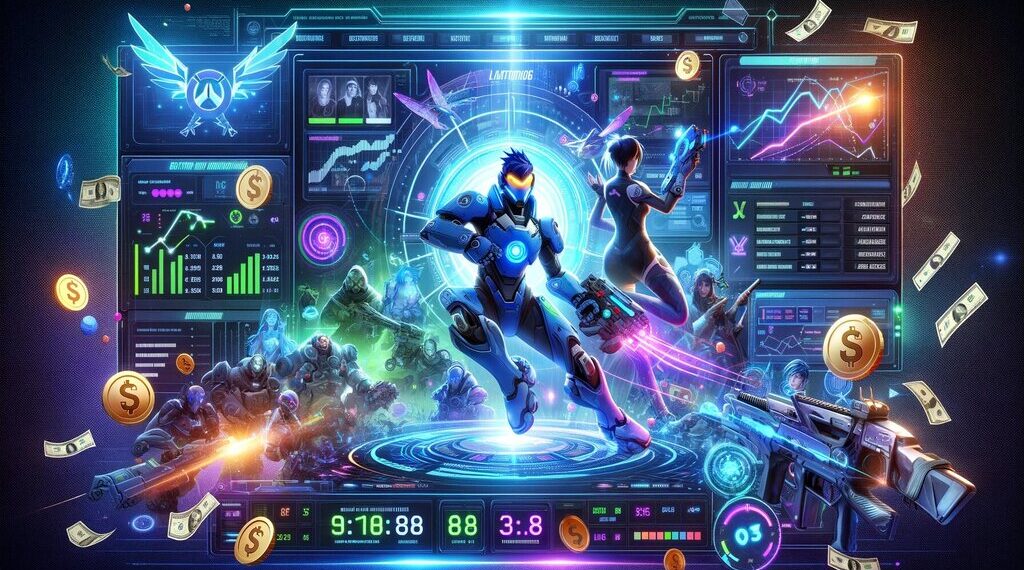 Overwatch characters in action poses, surrounded by holographic displays showing betting odds, currency symbols, and performance metrics. A vibrant scene ideal for esports betting promotions.