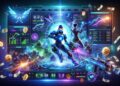 Personagens de Overwatch em poses de ação, cercados por displays holográficos mostrando odds de apostas, símbolos de moeda e métricas de desempenho. Ideal para promoções de apostas em esports.