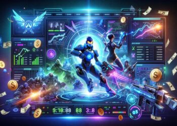 Personagens de Overwatch em poses de ação, cercados por displays holográficos mostrando odds de apostas, símbolos de moeda e métricas de desempenho. Ideal para promoções de apostas em esports.