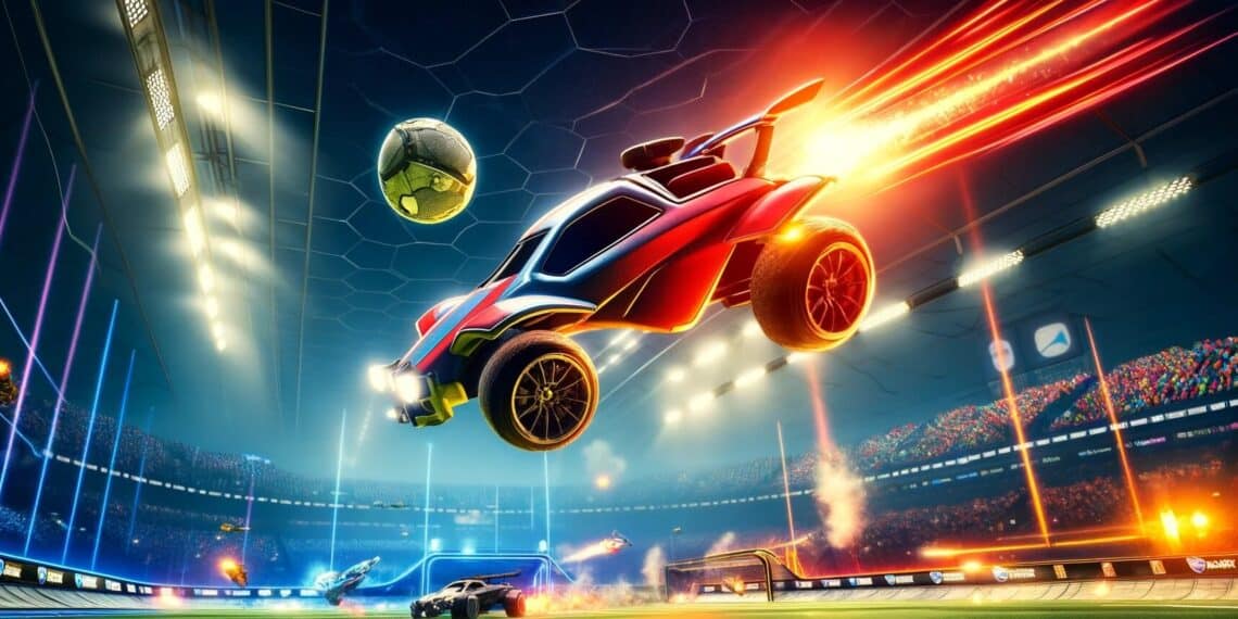 Una escena altamente realista y llena de acción de Rocket League con coches corriendo hacia la pelota en un estadio iluminado. Un coche realiza un disparo acrobático, dejando rastros de luz dinámicos, capturando la emoción del juego.