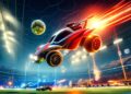 Uma cena altamente realista e cheia de ação de Rocket League com carros correndo em direção à bola em um estádio iluminado. Um carro realiza um chute acrobático, deixando rastros de luz dinâmicos, capturando a emoção do jogo.
