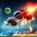 Uma cena altamente realista e cheia de ação de Rocket League com carros correndo em direção à bola em um estádio iluminado. Um carro realiza um chute acrobático, deixando rastros de luz dinâmicos, capturando a emoção do jogo.