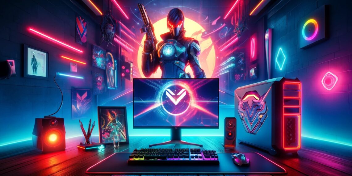 This image showcases a dynamic Valorant gaming setup, complete with vibrant neon lights and futuristic gaming equipment. A Valorant character stands prominently in the background, enhancing the immersive and energetic atmosphere. hablamosdegamers.com