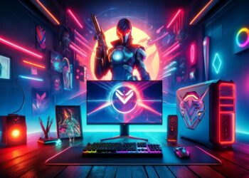 This image showcases a dynamic Valorant gaming setup, complete with vibrant neon lights and futuristic gaming equipment. A Valorant character stands prominently in the background, enhancing the immersive and energetic atmosphere. hablamosdegamers.com