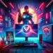 This image showcases a dynamic Valorant gaming setup, complete with vibrant neon lights and futuristic gaming equipment. A Valorant character stands prominently in the background, enhancing the immersive and energetic atmosphere. hablamosdegamers.com