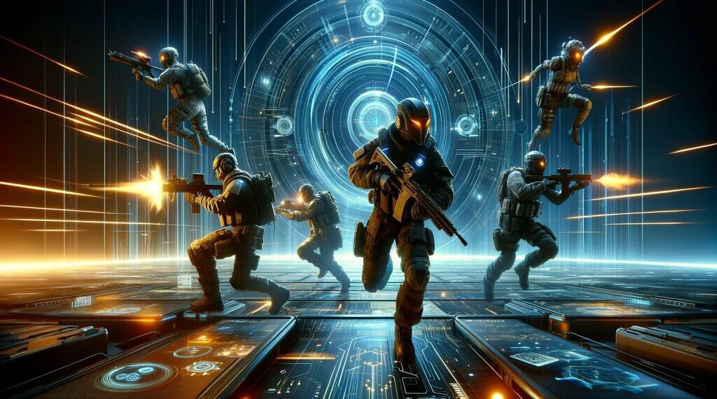Agentes de Valorant en una arena de alta tecnología, participando en un combate intenso, mostrando juego estratégico y visuales futuristas