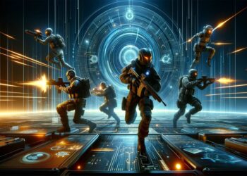 Agentes de Valorant em uma arena de alta tecnologia envolvidos em um combate intenso, exibindo jogabilidade estratégica e visuais futuristas.