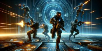 Agentes de Valorant em uma arena de alta tecnologia envolvidos em um combate intenso, exibindo jogabilidade estratégica e visuais futuristas.