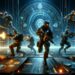 Agentes de Valorant em uma arena de alta tecnologia envolvidos em um combate intenso, exibindo jogabilidade estratégica e visuais futuristas.