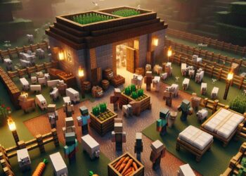 Aldea de Minecraft con aldeanos y cultivos, que ilustra cómo criar aldeanos en Minecraft. La escena es animada y muestra una aldea bien iluminada y próspera, ideal para criar aldeanos.