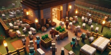 Aldeia do Minecraft com aldeões e colheitas, ilustrando como criar aldeões no Minecraft. A cena é animada, mostrando uma aldeia bem iluminada e próspera, ideal para a criação de aldeões.