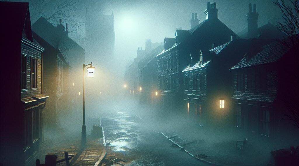 Eerie, foggy street scene from Silent Hill 2 remake, showcasing a mysterious and atmospheric setting with dim streetlights and dark shadows