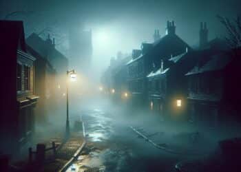 Eerie, foggy street scene from Silent Hill 2 remake, showcasing a mysterious and atmospheric setting with dim streetlights and dark shadows