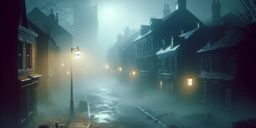 Cena de rua misteriosa e enevoada do remake de Silent Hill 2, mostrando um cenário misterioso e atmosférico com luzes de rua fracas e sombras escuras