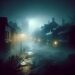 Eerie, foggy street scene from Silent Hill 2 remake, showcasing a mysterious and atmospheric setting with dim streetlights and dark shadows