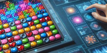 A high-tech scene of AI integration with Candy Crush Saga, featuring colorful candies on a touch screen and surrounding panels displaying AI data and game statistics.