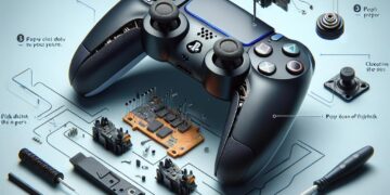 Detailed diagram showing the components of a PS5 controller, illustrating the process of how to fix stick drift in a PS5 controller with labeled parts and tools.