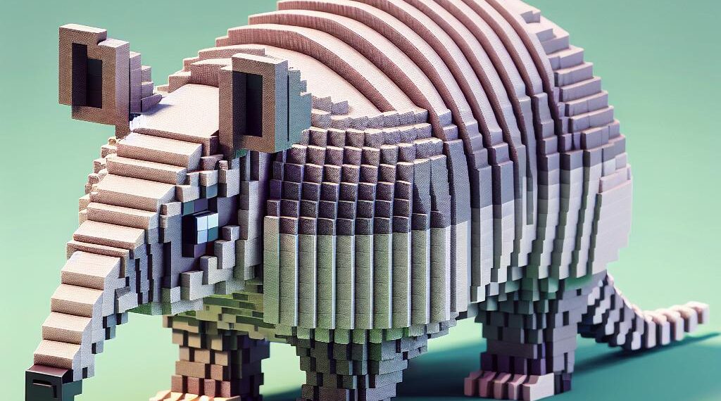 The image depicts a blocky, pixelated representation of an armadillo, resembling the art style of Minecraft. The Minecraft armadillo features a detailed, layered shell, small ears, and a long, segmented tail, all crafted with the distinctive cubic design characteristic of Minecraft creatures.