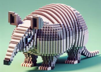 A imagem mostra uma representação em blocos e pixelizada de um tatu, semelhante ao estilo artístico do Minecraft. O tatu do Minecraft tem uma carapaça detalhada e estratificada, orelhas pequenas e uma cauda longa e segmentada, tudo feito com o design cúbico caraterístico das criaturas do Minecraft.