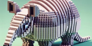 A imagem mostra uma representação em blocos e pixelizada de um tatu, semelhante ao estilo artístico do Minecraft. O tatu do Minecraft tem uma carapaça detalhada e estratificada, orelhas pequenas e uma cauda longa e segmentada, tudo feito com o design cúbico caraterístico das criaturas do Minecraft.