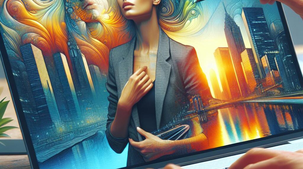 In the image, a person draws on a laptop computer a vibrant scene combining a pensive female figure, skyscrapers and abstract elements in the sky. This "cool drawing" mixes reality and fantasy, displaying digital creativity.