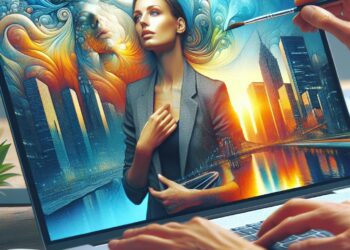 En la imagen, una persona dibuja en un ordenador portátil una vibrante escena que combina una figura femenina pensativa, rascacielos y elementos abstractos en el cielo. Este "dibujo molón" mezcla realidad y fantasía, haciendo gala de la creatividad digital.