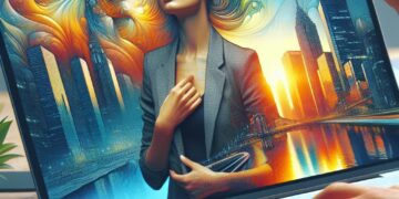 En la imagen, una persona está dibujando en una laptop una escena vibrante que combina una figura femenina pensativa, rascacielos y elementos abstractos en el cielo. Este "dibujo chido" mezcla realidad y fantasía, mostrando creatividad digital.