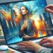 In the image, a person draws on a laptop computer a vibrant scene combining a pensive female figure, skyscrapers and abstract elements in the sky. This "cool drawing" mixes reality and fantasy, displaying digital creativity.