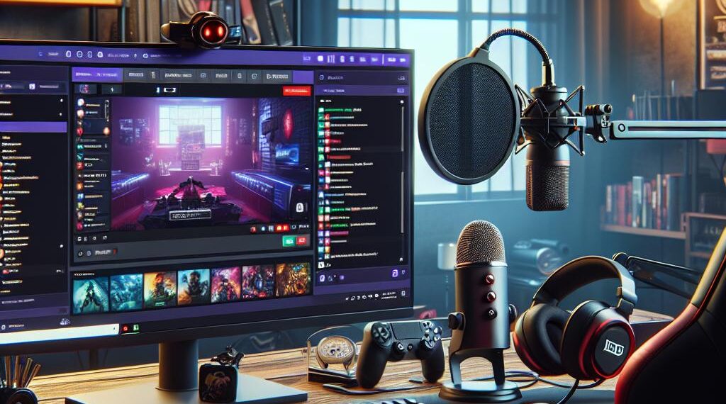 Uma configuração de transmissão bem equipada que mostra um ambiente de trabalho com dois monitores que apresentam a interface de transmissão do Twitch, rodeado por um microfone de alta qualidade, auscultadores para jogos e uma cadeira para jogos, ilustrando os elementos essenciais para transmitir no Twitch.