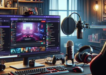 Una configuración de streaming bien equipada que muestra un escritorio con dos monitores que muestran la interfaz de streaming de Twitch, rodeado de un micrófono de alta calidad, auriculares para juegos y una silla para juegos, ilustrando lo esencial para transmitir en Twitch.