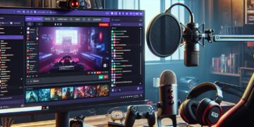 A well-equipped streaming setup showing a desktop with dual monitors displaying the Twitch streaming interface, surrounded by a high-quality microphone, gaming headset, and a gaming chair, illustrating the essentials for how to stream on Twitch.