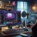 Uma configuração de transmissão bem equipada que mostra um ambiente de trabalho com dois monitores que apresentam a interface de transmissão do Twitch, rodeado por um microfone de alta qualidade, auscultadores para jogos e uma cadeira para jogos, ilustrando os elementos essenciais para transmitir no Twitch.