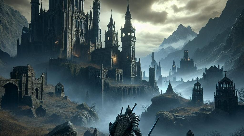 A dark, medieval fantasy landscape featuring a warrior overlooking a castle in the distance, related to Elden Ring cross platform gameplay.