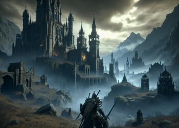 Un oscuro paisaje de fantasía medieval protagonizado por un guerrero que domina un castillo a lo lejos, relacionado con el juego de plataformas cruzadas Elden Ring.