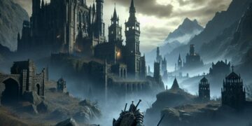 Uma paisagem de fantasia medieval sombria com um guerreiro a olhar para um castelo à distância, relacionada com o jogo de plataforma cruzada Elden Ring.
