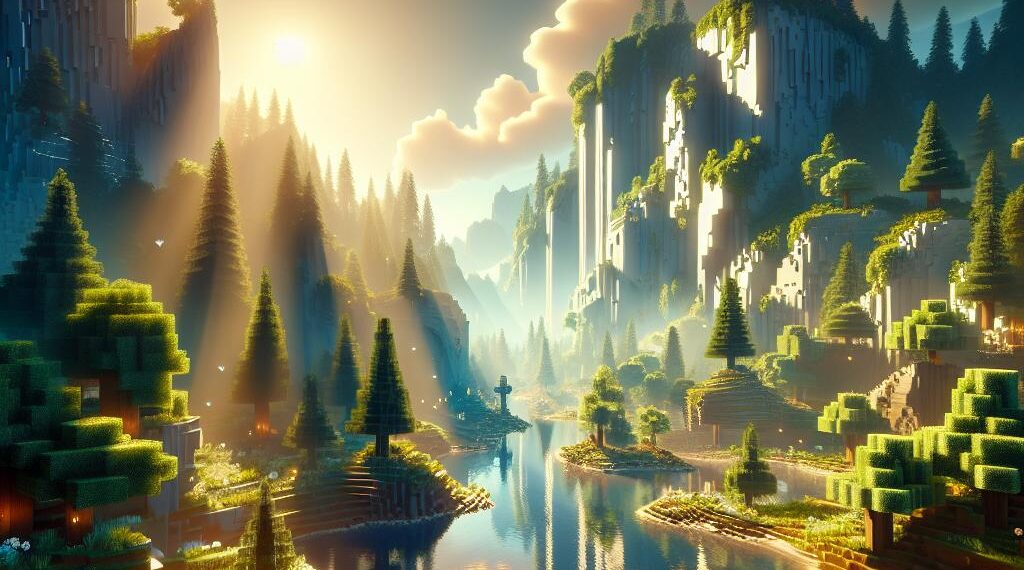 Un impresionante paisaje de Minecraft mejorado con shaders, con un sereno lago, frondosos bosques y elevados acantilados. La luz solar realista proyecta sombras dinámicas y crea hermosos reflejos en el agua, mostrando el efecto transformador de los sombreadores.